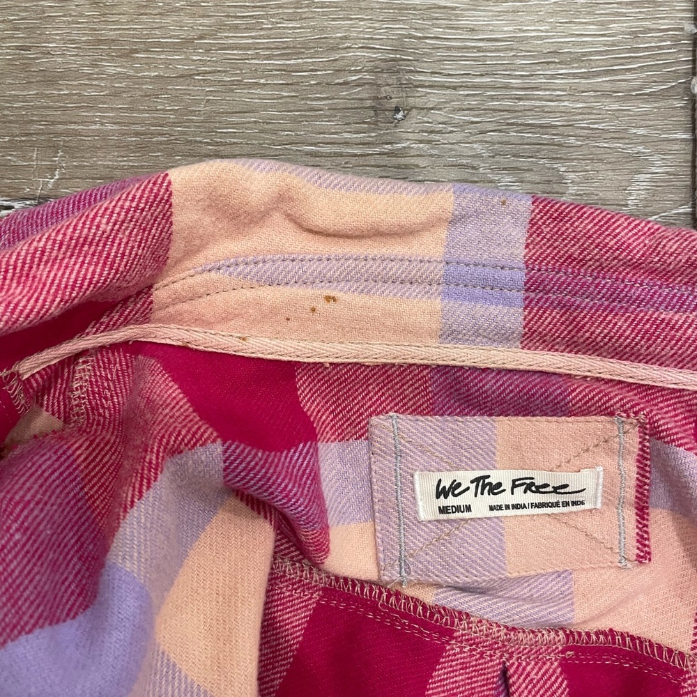 Free People We The Free Izzie Button Up Oversized Shirt Pink Plaid Medium - Picture 12 of 12